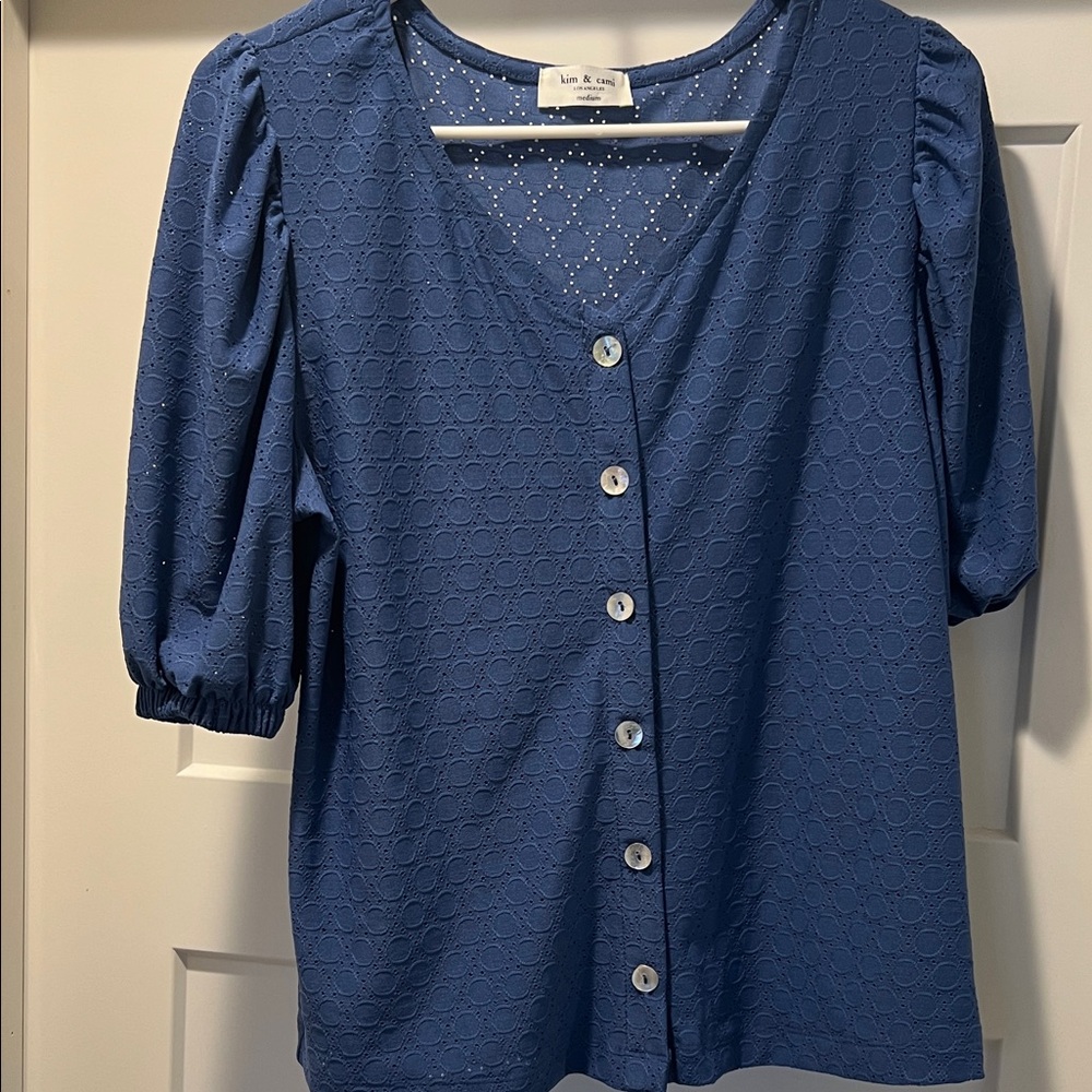 Kim & Cami Blue Eyelet Button-Up Top